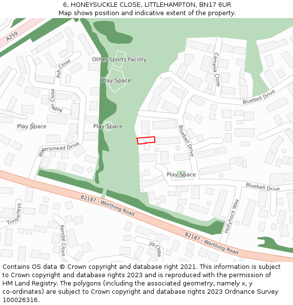 6, HONEYSUCKLE CLOSE, LITTLEHAMPTON, BN17 6UR: Location map and indicative extent of plot