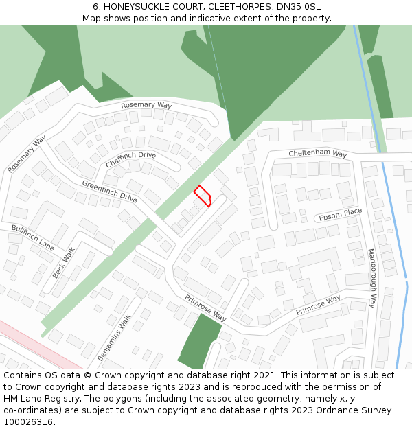 6, HONEYSUCKLE COURT, CLEETHORPES, DN35 0SL: Location map and indicative extent of plot