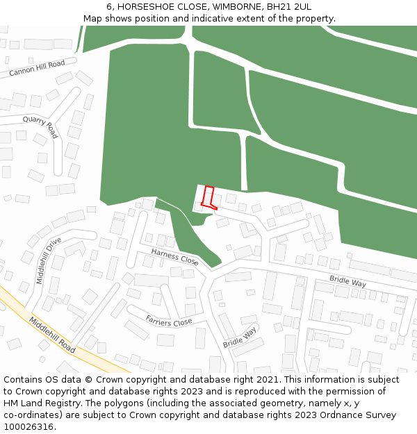 6, HORSESHOE CLOSE, WIMBORNE, BH21 2UL: Location map and indicative extent of plot