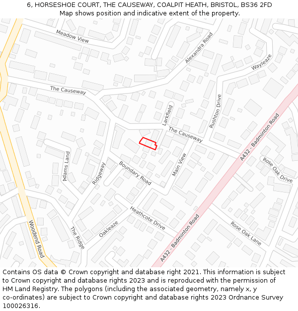 6, HORSESHOE COURT, THE CAUSEWAY, COALPIT HEATH, BRISTOL, BS36 2FD: Location map and indicative extent of plot