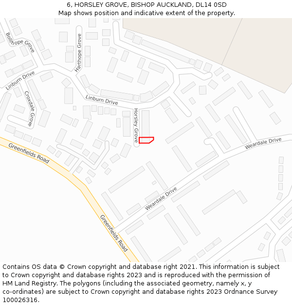 6, HORSLEY GROVE, BISHOP AUCKLAND, DL14 0SD: Location map and indicative extent of plot