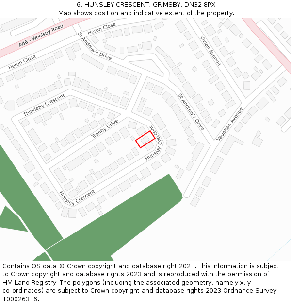 6, HUNSLEY CRESCENT, GRIMSBY, DN32 8PX: Location map and indicative extent of plot