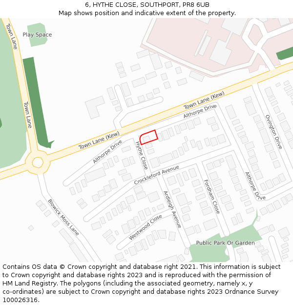 6, HYTHE CLOSE, SOUTHPORT, PR8 6UB: Location map and indicative extent of plot