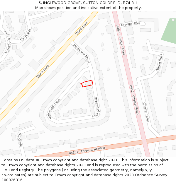 6, INGLEWOOD GROVE, SUTTON COLDFIELD, B74 3LL: Location map and indicative extent of plot