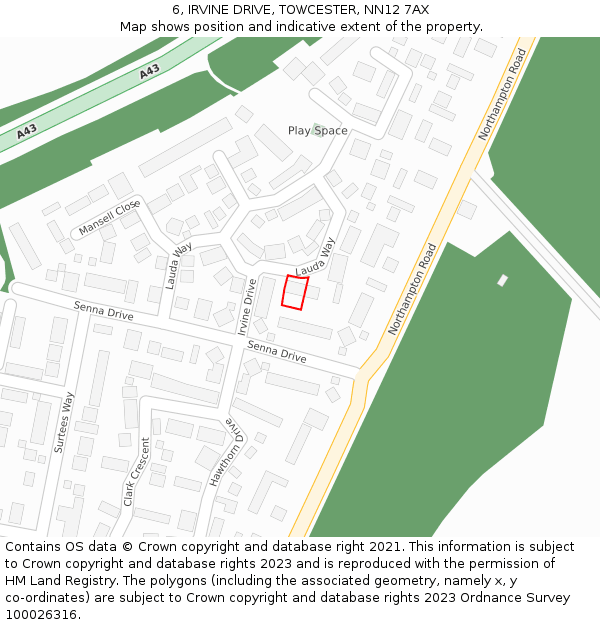 6, IRVINE DRIVE, TOWCESTER, NN12 7AX: Location map and indicative extent of plot