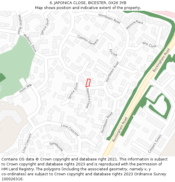 6, JAPONICA CLOSE, BICESTER, OX26 3YB: Location map and indicative extent of plot