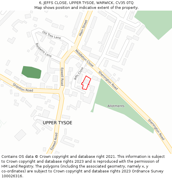 6, JEFFS CLOSE, UPPER TYSOE, WARWICK, CV35 0TQ: Location map and indicative extent of plot