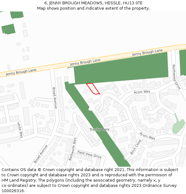 6, JENNY BROUGH MEADOWS, HESSLE, HU13 0TE: Location map and indicative extent of plot