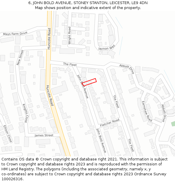 6, JOHN BOLD AVENUE, STONEY STANTON, LEICESTER, LE9 4DN: Location map and indicative extent of plot