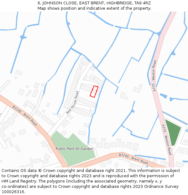 6, JOHNSON CLOSE, EAST BRENT, HIGHBRIDGE, TA9 4RZ: Location map and indicative extent of plot
