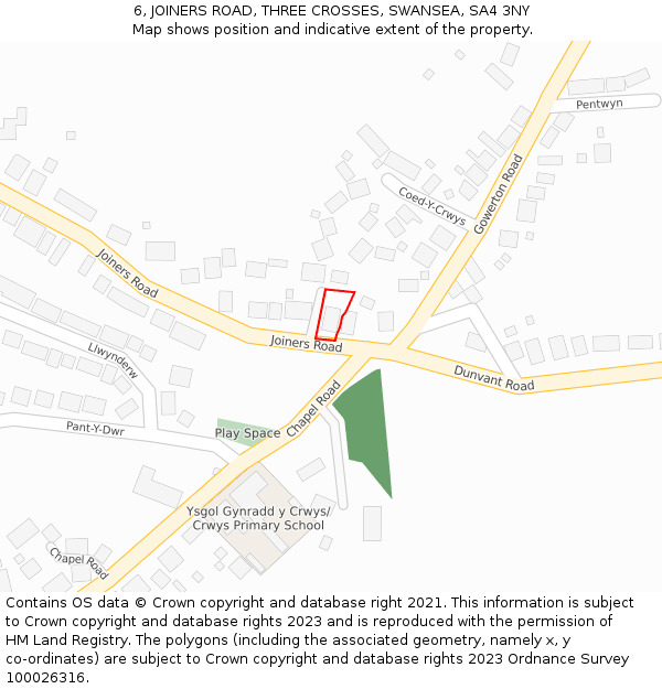 6, JOINERS ROAD, THREE CROSSES, SWANSEA, SA4 3NY: Location map and indicative extent of plot