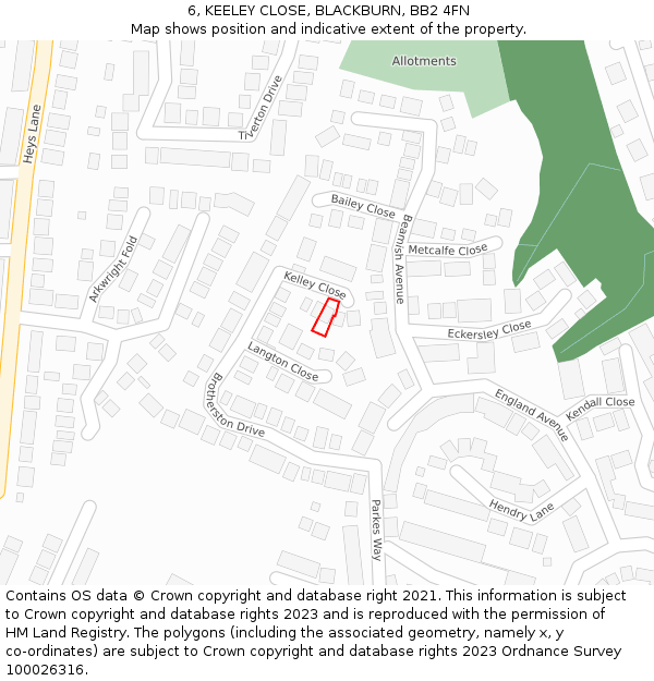 6, KEELEY CLOSE, BLACKBURN, BB2 4FN: Location map and indicative extent of plot