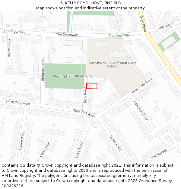 6, KELLY ROAD, HOVE, BN3 6LD: Location map and indicative extent of plot