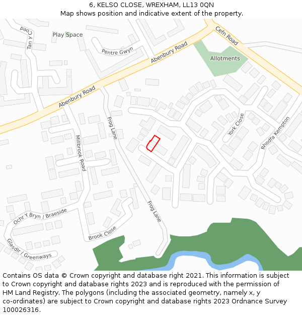 6, KELSO CLOSE, WREXHAM, LL13 0QN: Location map and indicative extent of plot