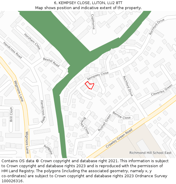 6, KEMPSEY CLOSE, LUTON, LU2 8TT: Location map and indicative extent of plot