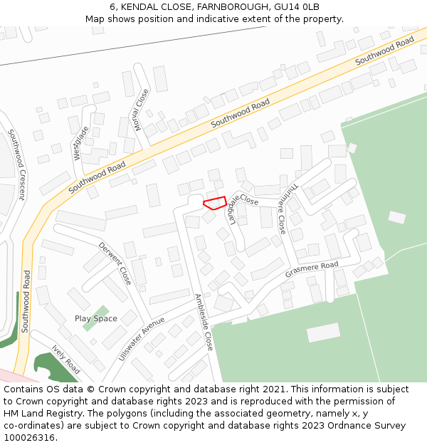 6, KENDAL CLOSE, FARNBOROUGH, GU14 0LB: Location map and indicative extent of plot