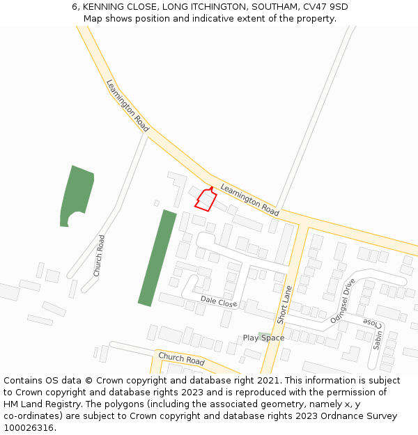 6, KENNING CLOSE, LONG ITCHINGTON, SOUTHAM, CV47 9SD: Location map and indicative extent of plot