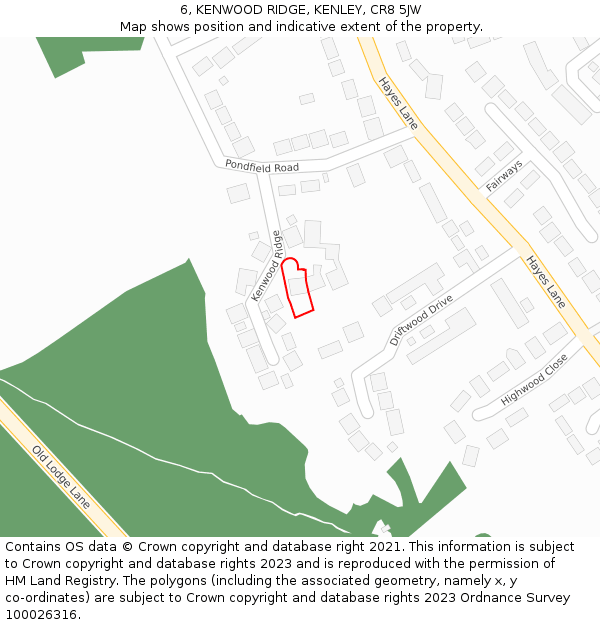 6, KENWOOD RIDGE, KENLEY, CR8 5JW: Location map and indicative extent of plot