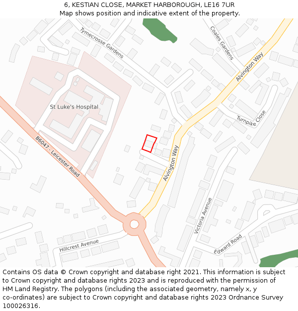 6, KESTIAN CLOSE, MARKET HARBOROUGH, LE16 7UR: Location map and indicative extent of plot
