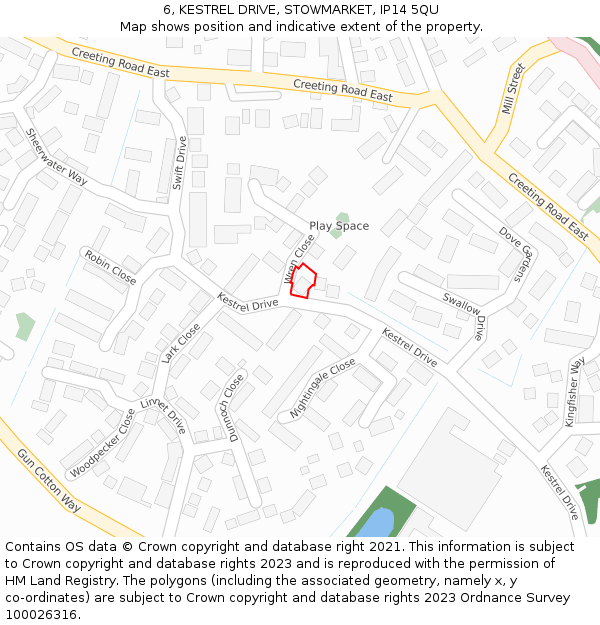 6, KESTREL DRIVE, STOWMARKET, IP14 5QU: Location map and indicative extent of plot