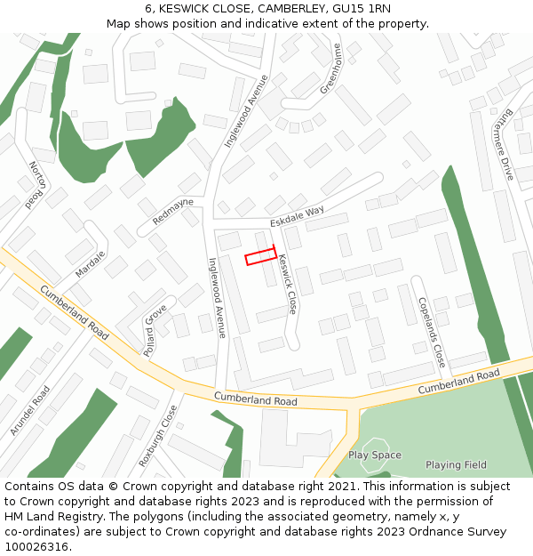 6, KESWICK CLOSE, CAMBERLEY, GU15 1RN: Location map and indicative extent of plot