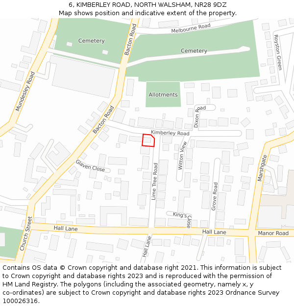 6, KIMBERLEY ROAD, NORTH WALSHAM, NR28 9DZ: Location map and indicative extent of plot