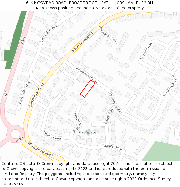 6, KINGSMEAD ROAD, BROADBRIDGE HEATH, HORSHAM, RH12 3LL: Location map and indicative extent of plot