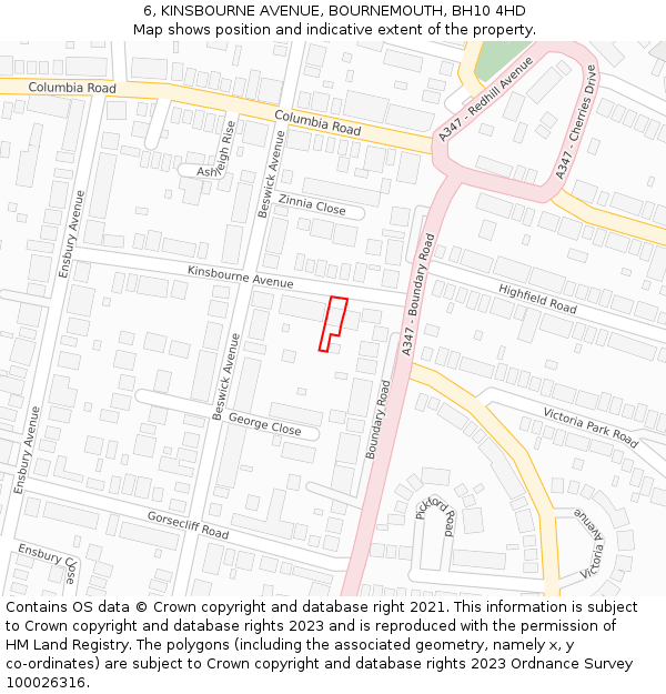 6, KINSBOURNE AVENUE, BOURNEMOUTH, BH10 4HD: Location map and indicative extent of plot