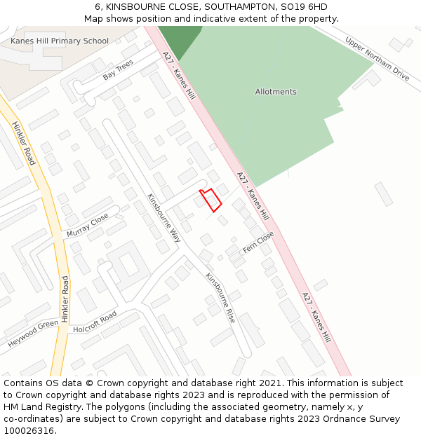 6, KINSBOURNE CLOSE, SOUTHAMPTON, SO19 6HD: Location map and indicative extent of plot