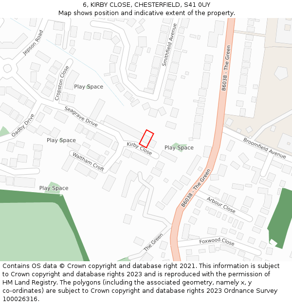6, KIRBY CLOSE, CHESTERFIELD, S41 0UY: Location map and indicative extent of plot