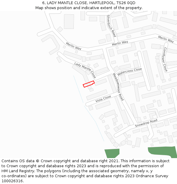 6, LADY MANTLE CLOSE, HARTLEPOOL, TS26 0QD: Location map and indicative extent of plot