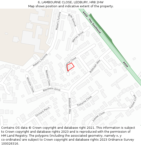 6, LAMBOURNE CLOSE, LEDBURY, HR8 2HW: Location map and indicative extent of plot