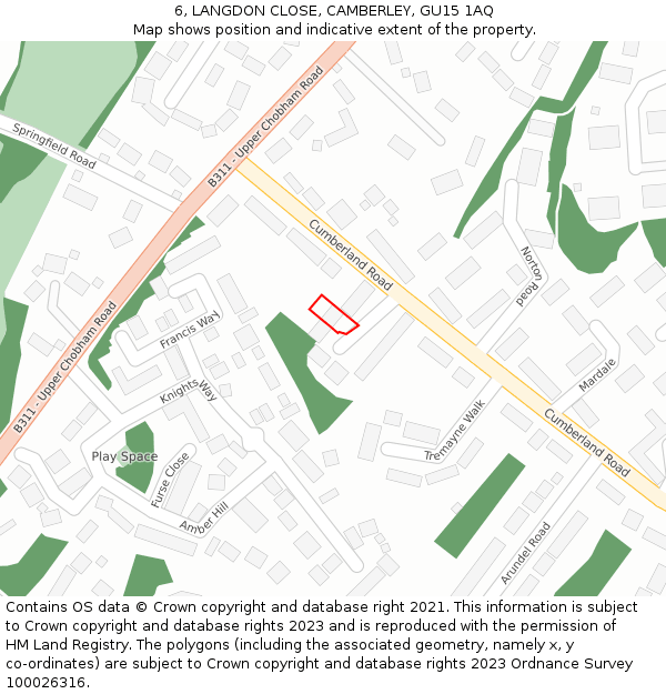 6, LANGDON CLOSE, CAMBERLEY, GU15 1AQ: Location map and indicative extent of plot