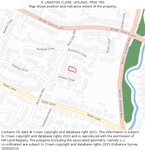 6, LANGTON CLOSE, LEYLAND, PR26 7XD: Location map and indicative extent of plot