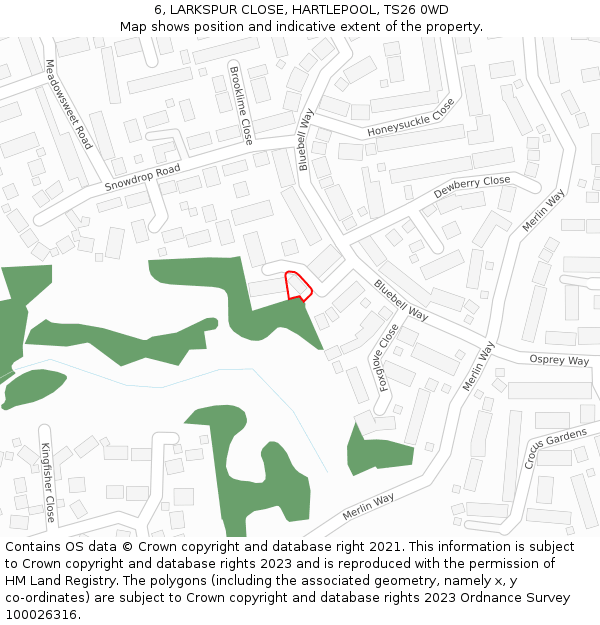 6, LARKSPUR CLOSE, HARTLEPOOL, TS26 0WD: Location map and indicative extent of plot