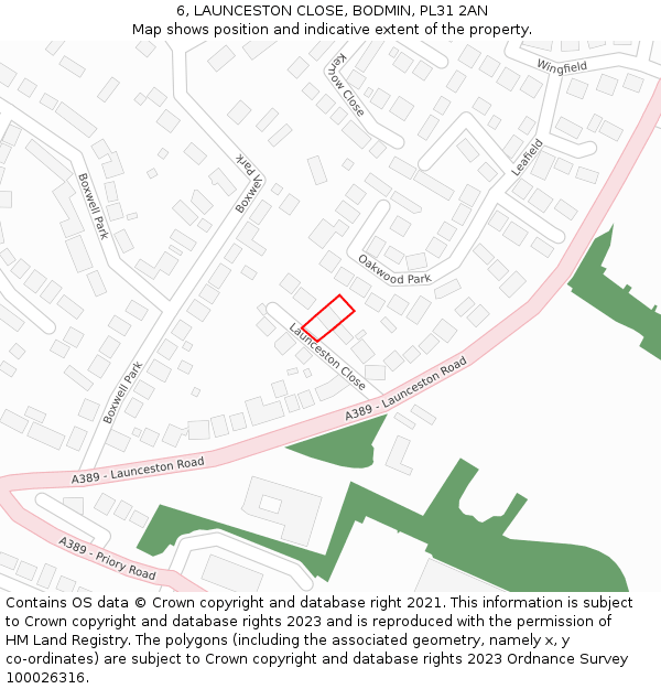 6, LAUNCESTON CLOSE, BODMIN, PL31 2AN: Location map and indicative extent of plot
