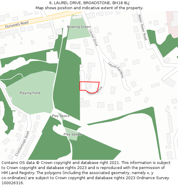 6, LAUREL DRIVE, BROADSTONE, BH18 8LJ: Location map and indicative extent of plot