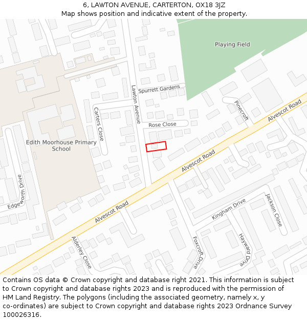 6, LAWTON AVENUE, CARTERTON, OX18 3JZ: Location map and indicative extent of plot