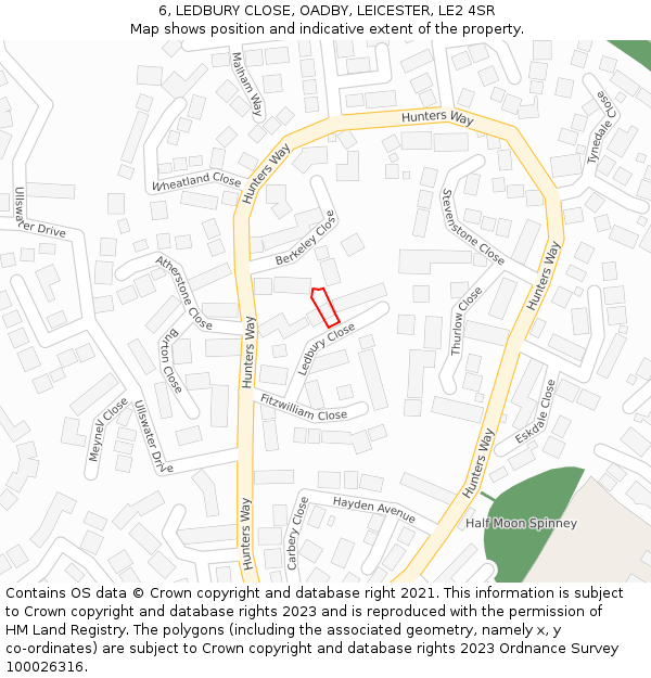 6, LEDBURY CLOSE, OADBY, LEICESTER, LE2 4SR: Location map and indicative extent of plot