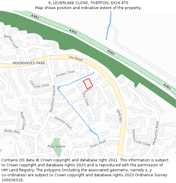 6, LEVERLAKE CLOSE, TIVERTON, EX16 6TS: Location map and indicative extent of plot