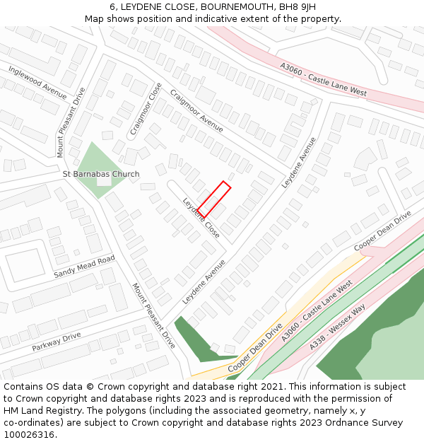6, LEYDENE CLOSE, BOURNEMOUTH, BH8 9JH: Location map and indicative extent of plot