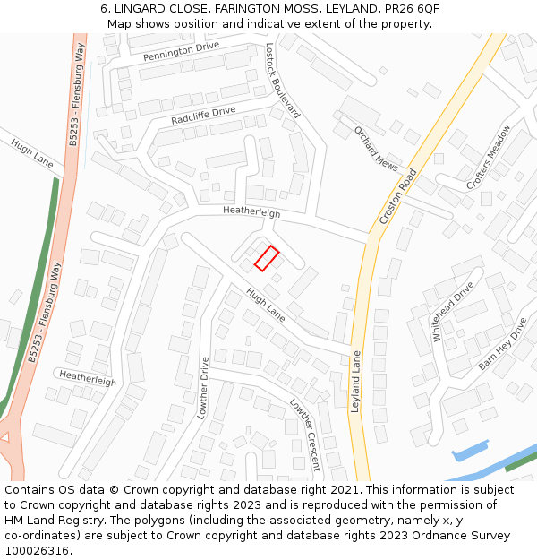 6, LINGARD CLOSE, FARINGTON MOSS, LEYLAND, PR26 6QF: Location map and indicative extent of plot