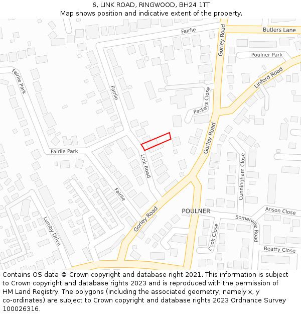 6, LINK ROAD, RINGWOOD, BH24 1TT: Location map and indicative extent of plot