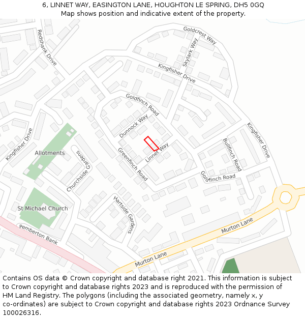 6, LINNET WAY, EASINGTON LANE, HOUGHTON LE SPRING, DH5 0GQ: Location map and indicative extent of plot