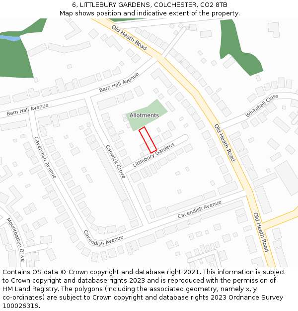 6, LITTLEBURY GARDENS, COLCHESTER, CO2 8TB: Location map and indicative extent of plot