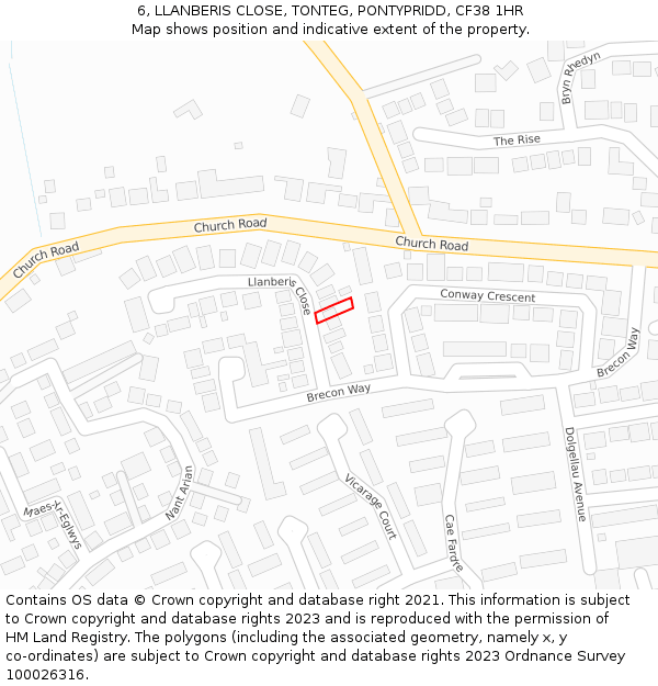 6, LLANBERIS CLOSE, TONTEG, PONTYPRIDD, CF38 1HR: Location map and indicative extent of plot