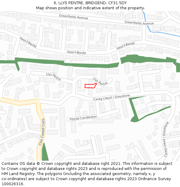 6, LLYS PENTRE, BRIDGEND, CF31 5DY: Location map and indicative extent of plot