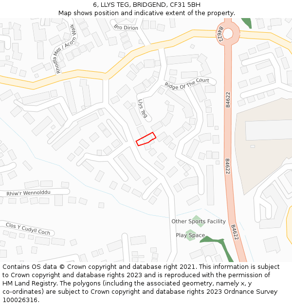 6, LLYS TEG, BRIDGEND, CF31 5BH: Location map and indicative extent of plot