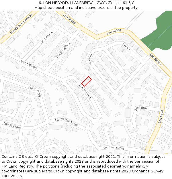 6, LON HEDYDD, LLANFAIRPWLLGWYNGYLL, LL61 5JY: Location map and indicative extent of plot