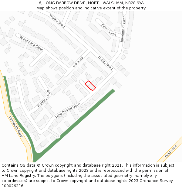 6, LONG BARROW DRIVE, NORTH WALSHAM, NR28 9YA: Location map and indicative extent of plot